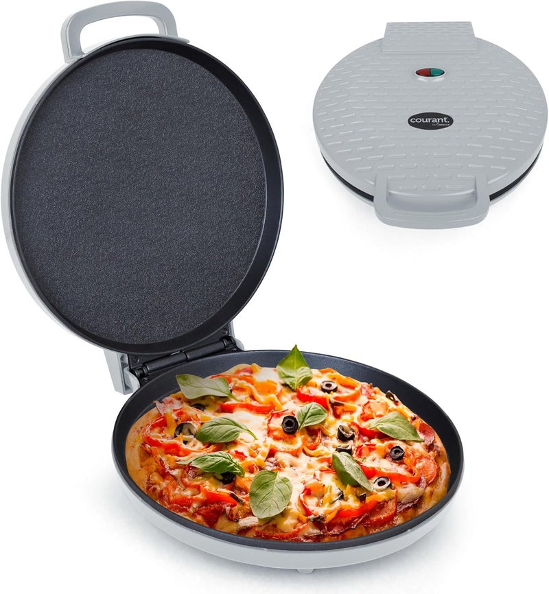 COURANT Pizza Maker 12-inch Pizzas Machine, Newly improved Cool-touch Handle Non-Stick plates Pizza oven & Calzone Maker, Electric Countertop Oven for Home or School, 12” Indoor Grill/Griddle, Gray - Image 1